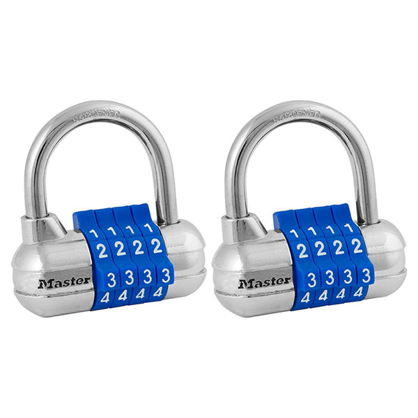 Two Master Lock 1523D combination padlocks (2 pack, colors may vary) are shown side by side on a white background—ideal for gym or locker use to keep your belongings secure.